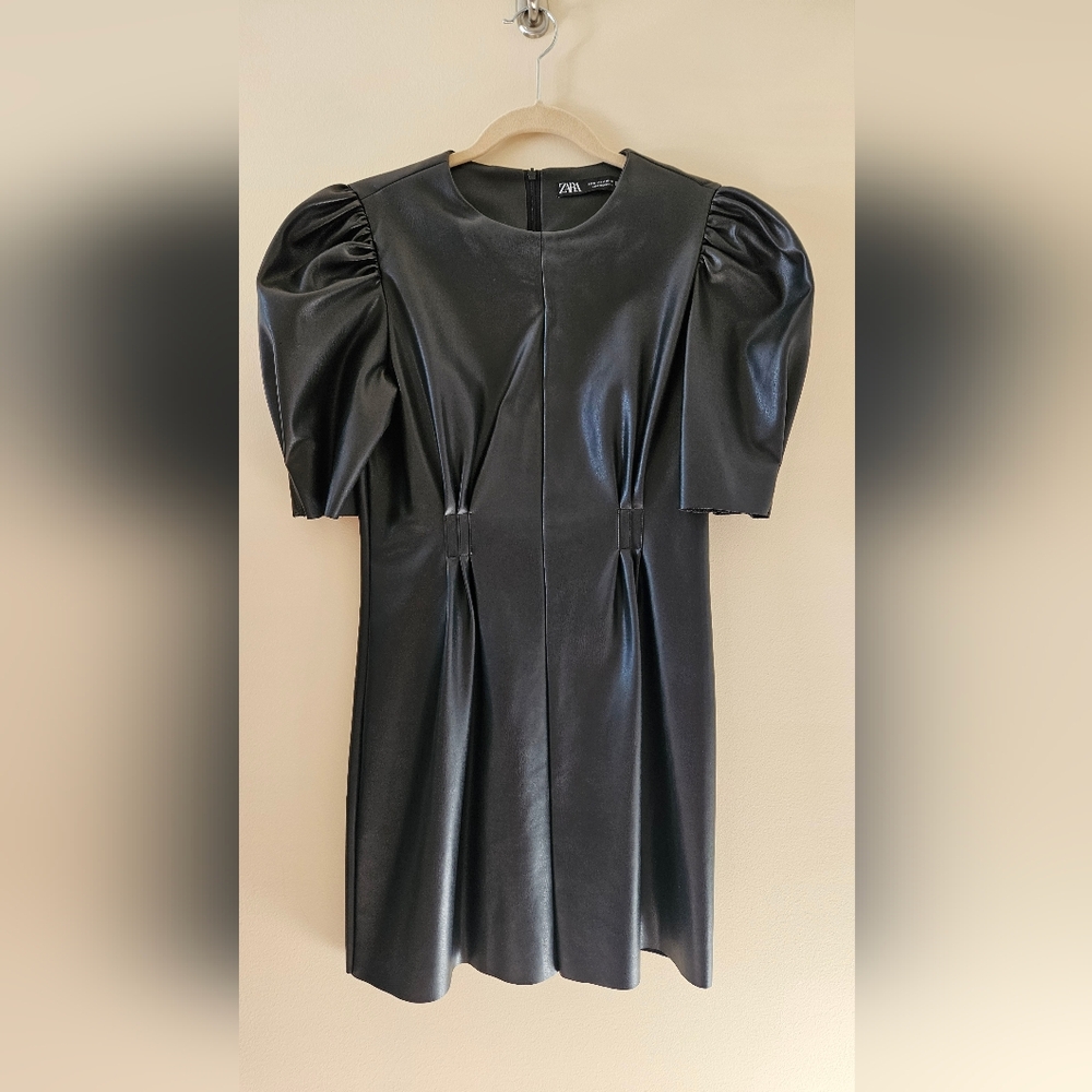 ZARA Black Leather Puff Sleeve Mini Dress Stretch Size Medium - Picture 3 of 13